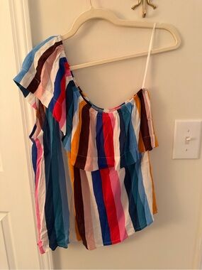 Gibson one shoulder ruffle multi stripe top